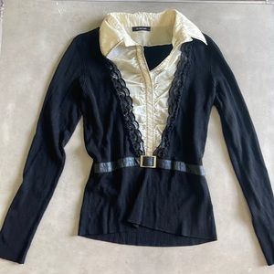 Black and Cream Color V Neck Blouse with Lace Neckline